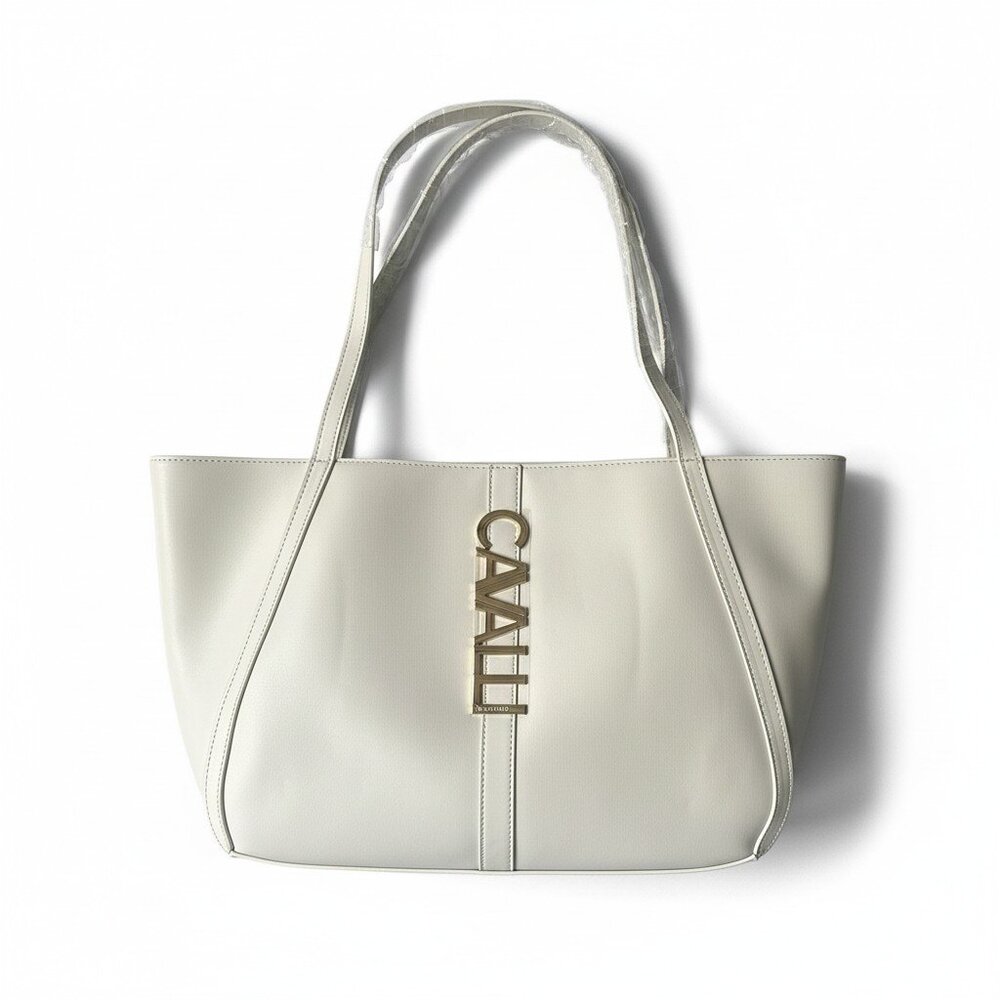 Cavalli‎ Class Sandra Shopper Faux Leather Logo Tote Bag NWT White